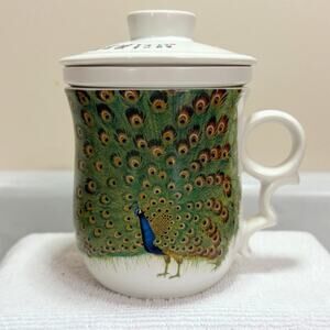 Vintage TEAVANA Peacock Porcelain Tea Infuser Mug With Lid/Saucer Duan Xinran